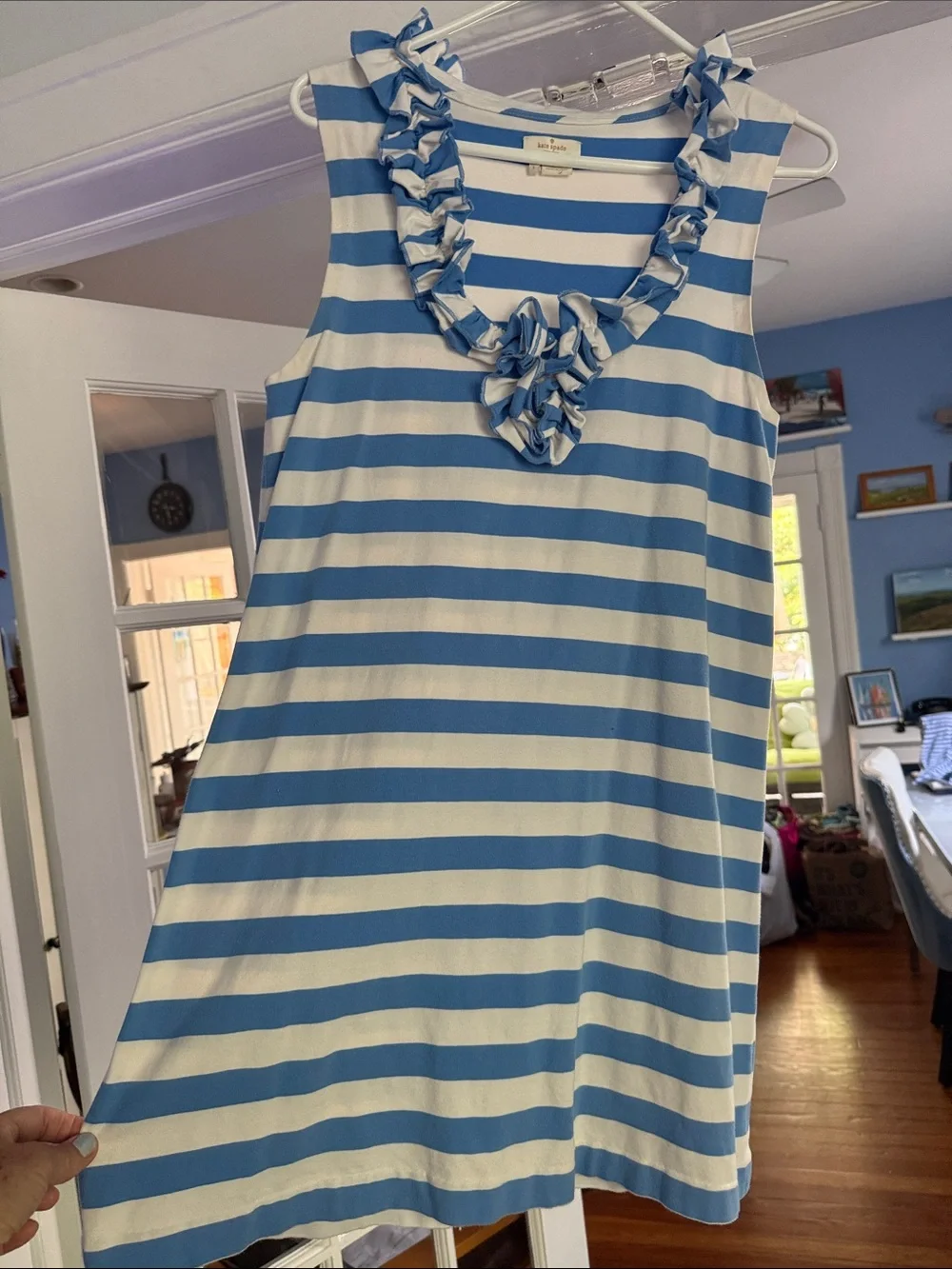 kate spade Blue and White Striped V-neck Ruffle mini dress